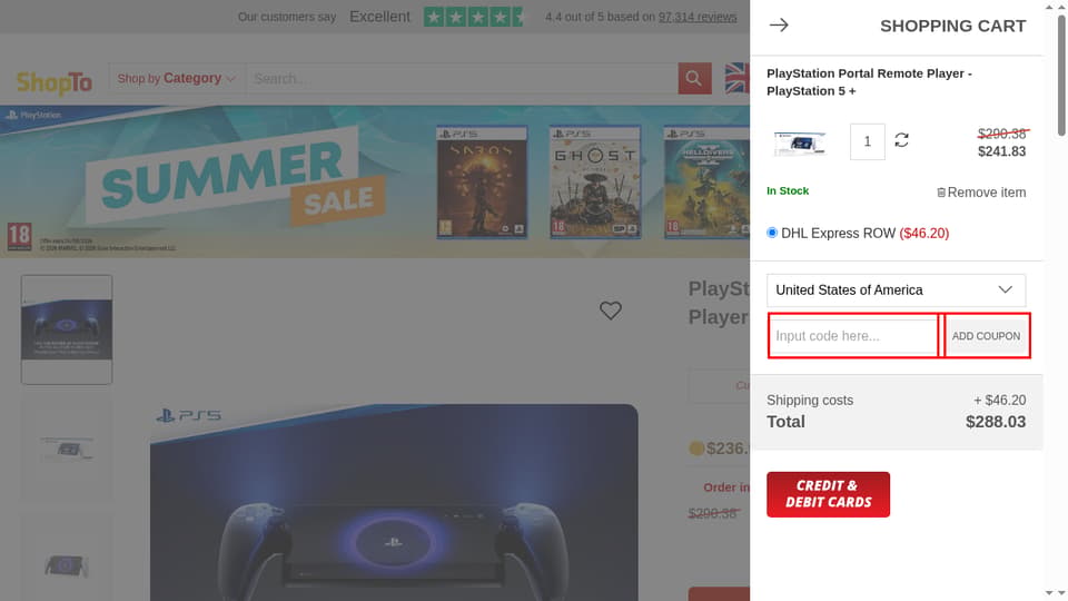 ShopTo checkout page showing the Input code here... field and Add Coupon button