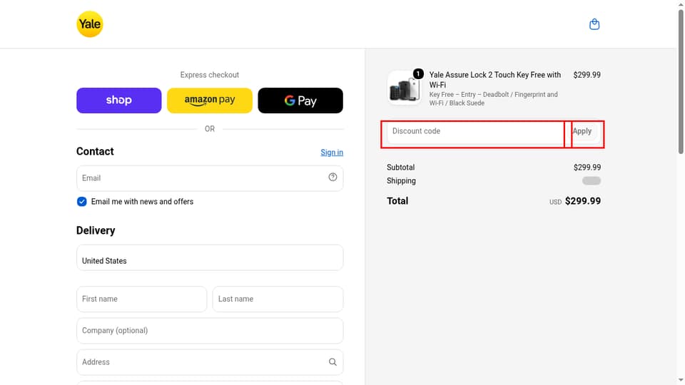 Yale Home checkout page showing the Discount code field and Apply button