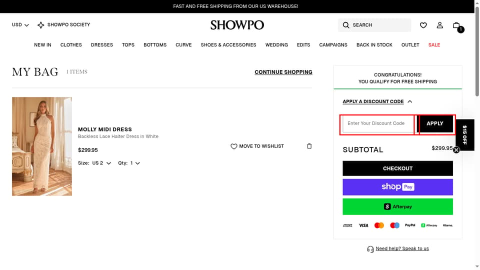 Showpo checkout page showing the Enter your discount code field and APPLY button