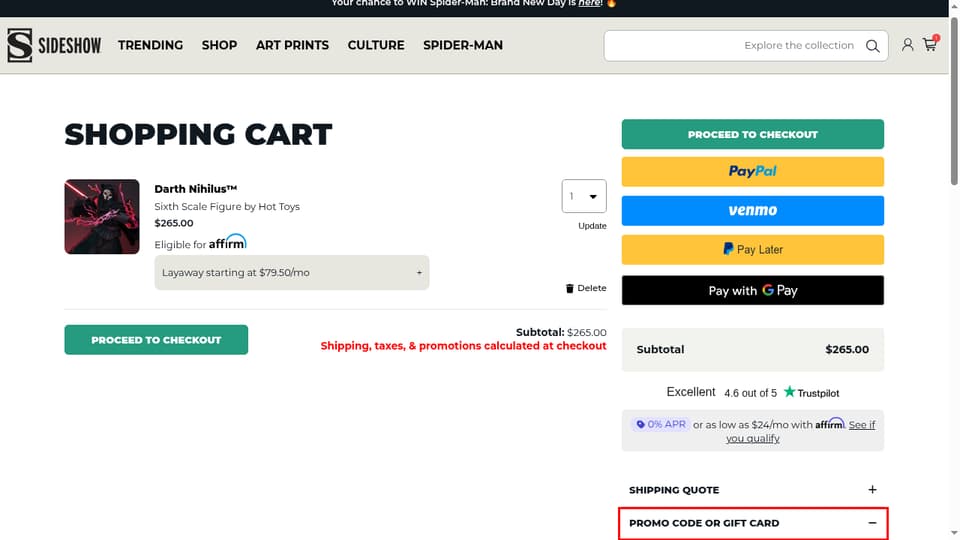 Sideshow checkout page showing the Enter code field and Apply button