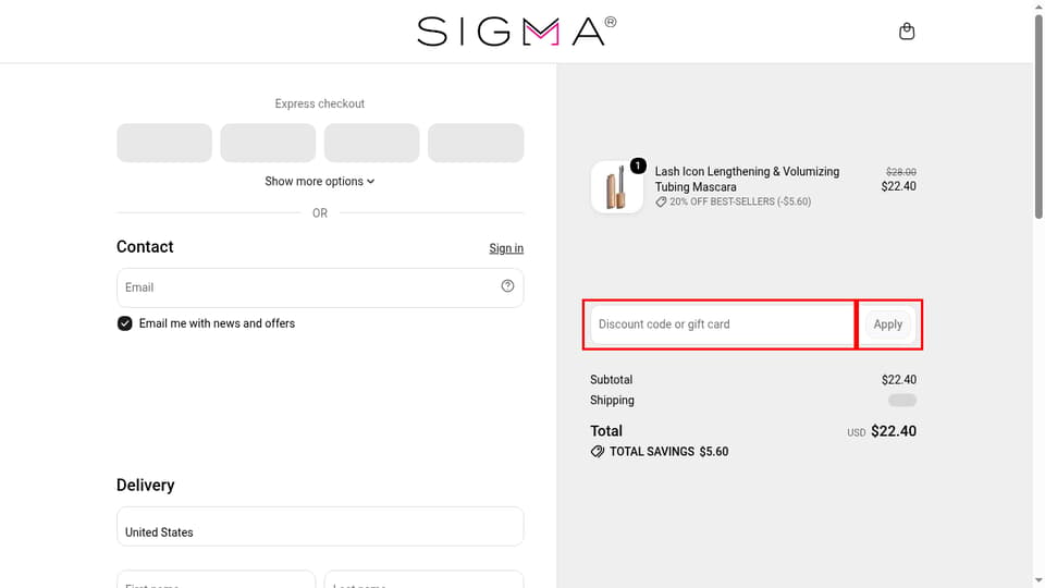Sigma Beauty checkout page showing the Discount code or gift card field and Apply button