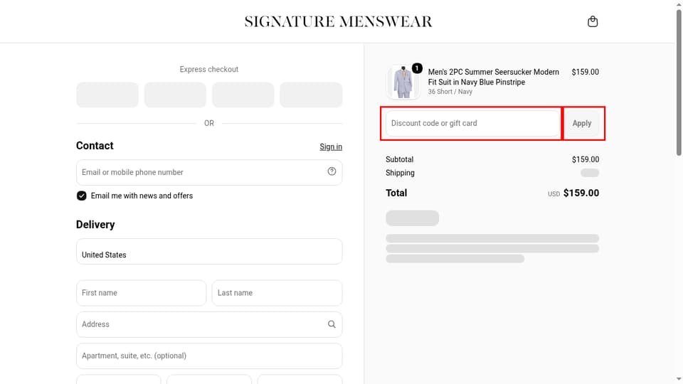 Signature Menswear checkout page showing the Discount code or gift card field and Apply button