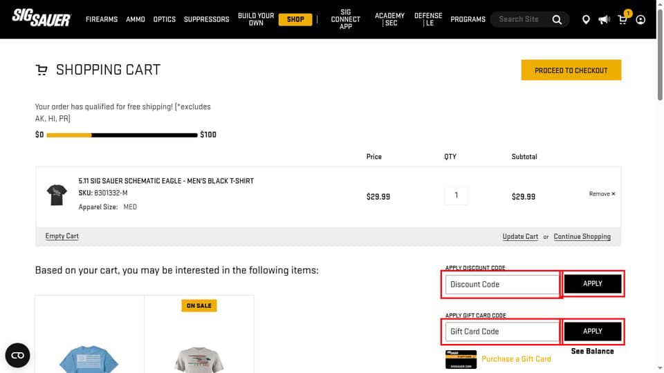 SIG Sauer checkout page showing the Discount Code field and Apply button