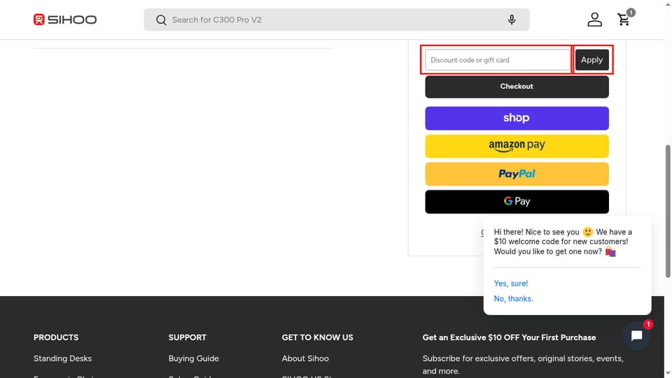 SIHOO checkout page showing the Discount code or gift card field and Apply button