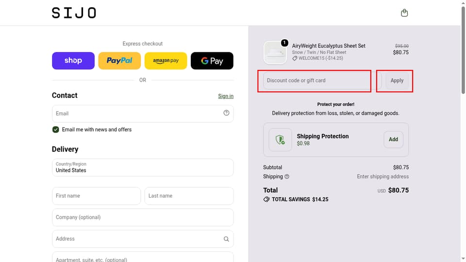 Sijo checkout page showing the Discount code or gift card field and Apply button