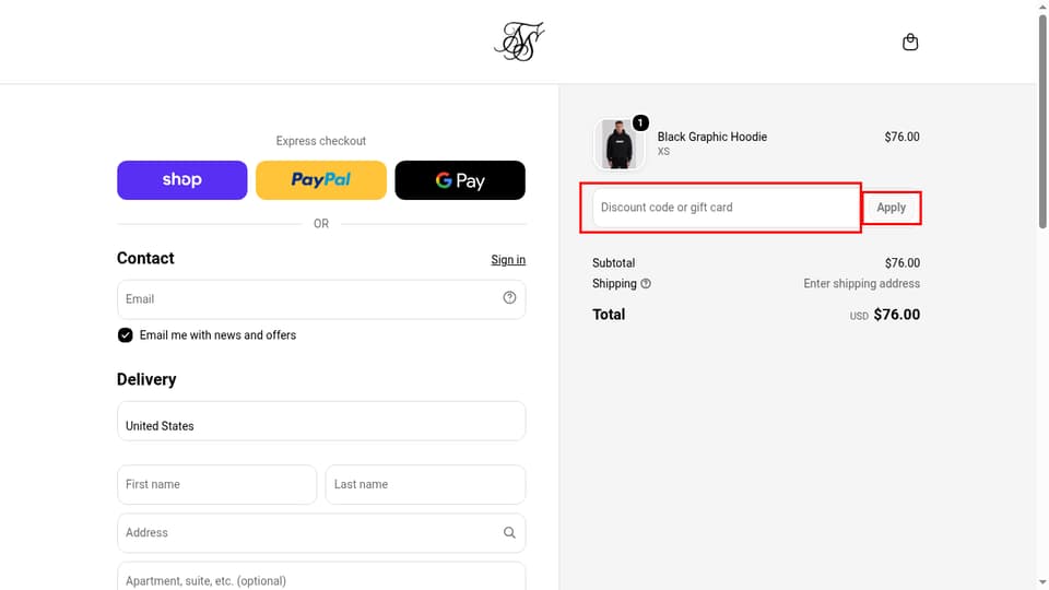 SikSilk checkout page showing the Discount code or gift card field and Apply button