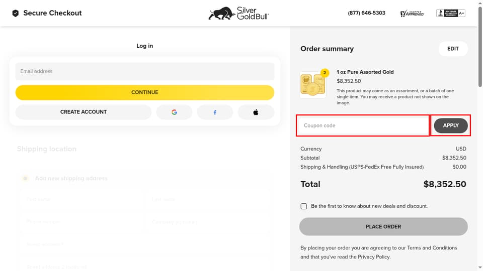 Silver Gold Bull checkout page showing the Coupon code field and Apply button