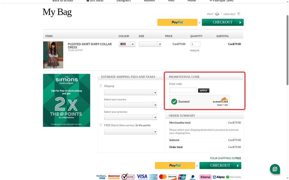 Simons Canada checkout page showing the Promotional Code field and Apply button