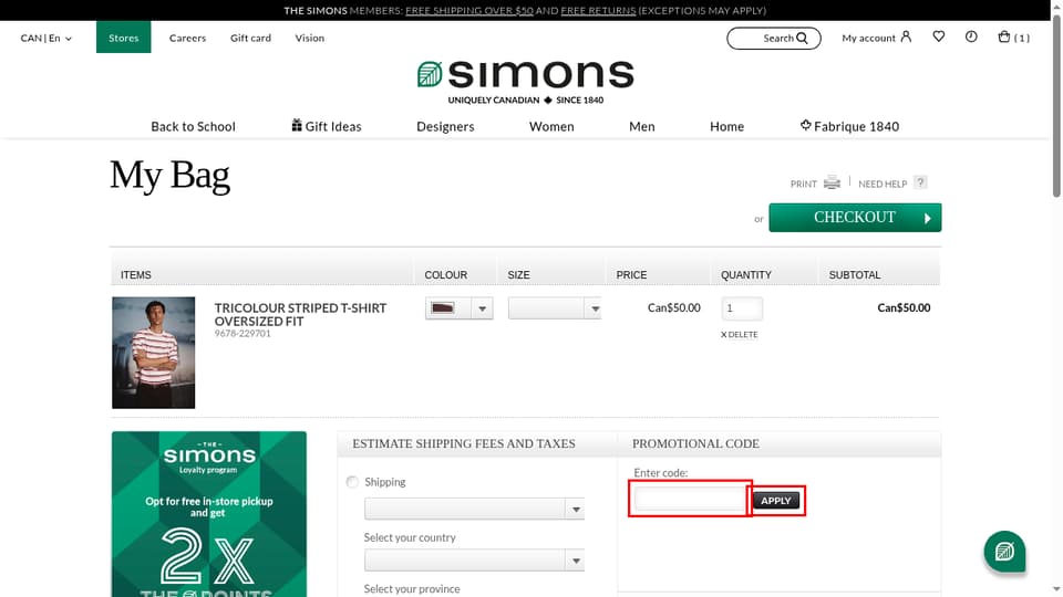 Simons checkout page showing the Enter code: field and Apply button