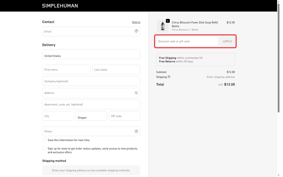 Simplehuman checkout page showing the Discount code or gift card field and Apply button