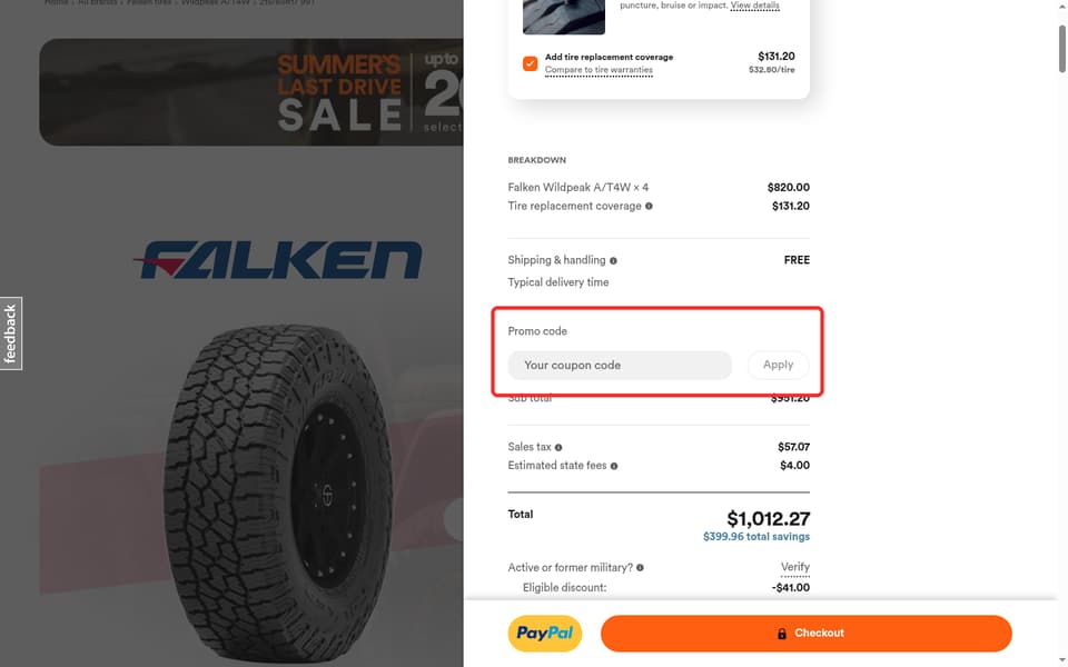 SimpleTire checkout page showing the Your coupon code field and Apply button