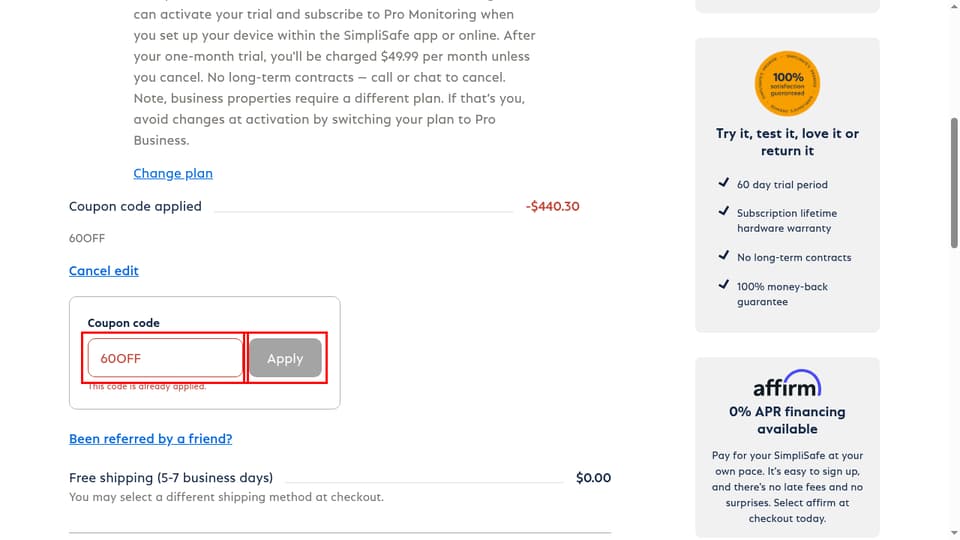 SimpliSafe checkout page showing the Coupon code field and Apply button