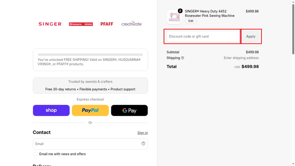 SINGER checkout page showing the Discount code or gift card field and Apply button