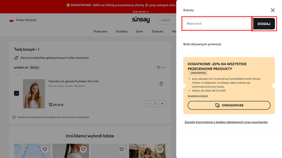 Sinsay checkout page showing the Wpisz kod field and Dodaj button