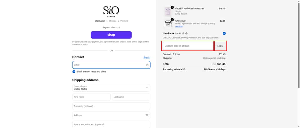 SiO Beauty checkout page showing the 