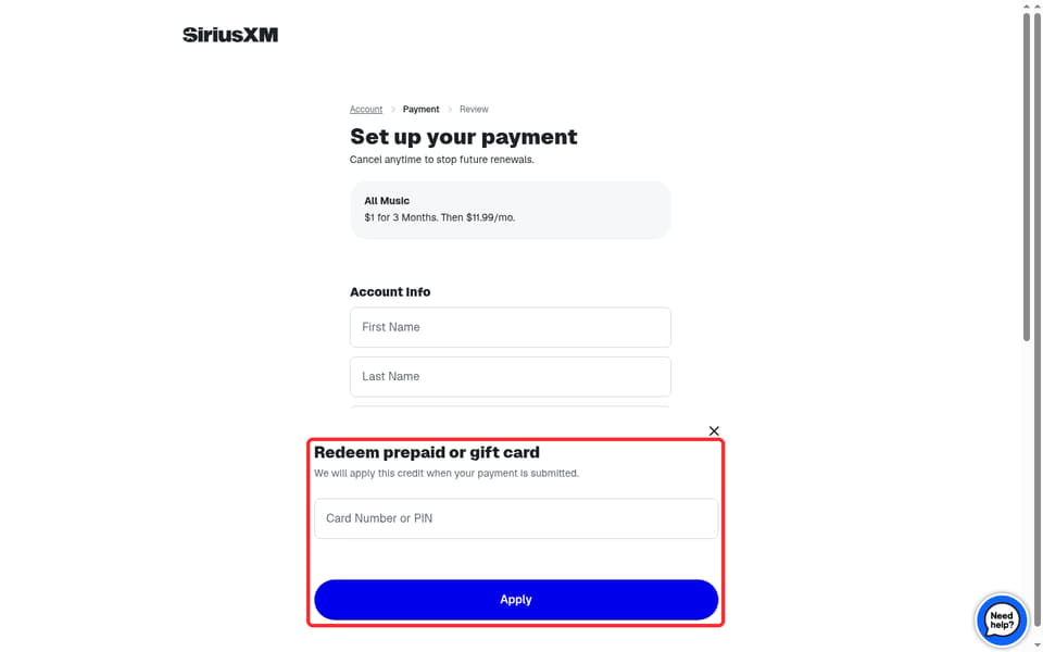 SiriusXM checkout page showing the Card Number or PIN field and Apply button