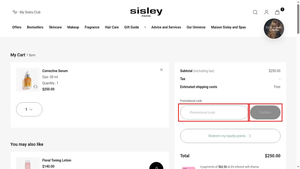 Sisley Paris checkout page showing the Promotional code field and Confirm button