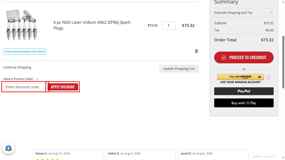 Sixity Auto checkout page showing the Enter discount code field and Apply Discount button