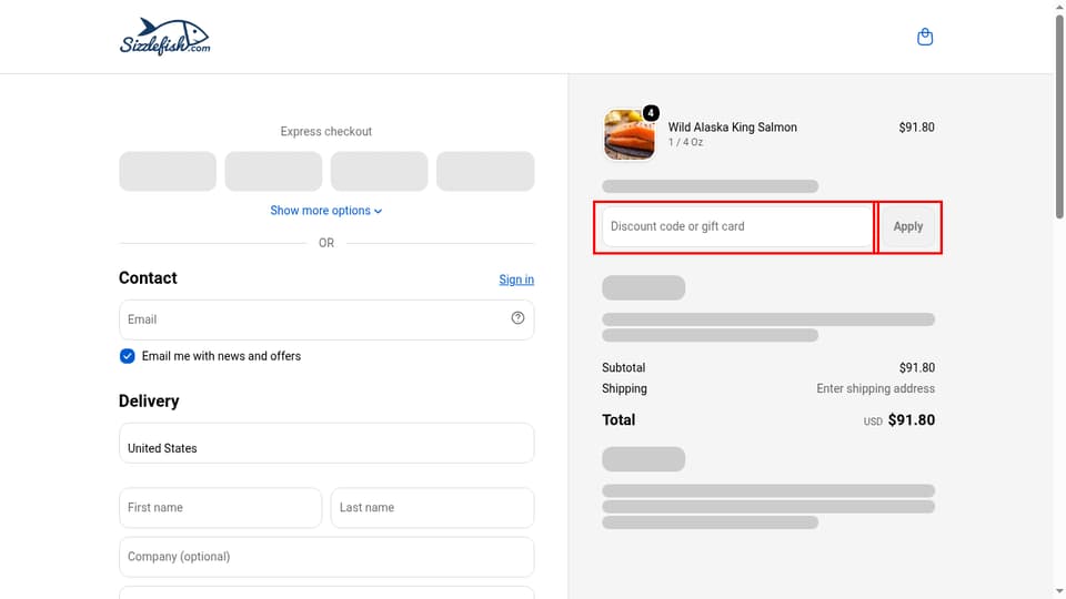 Sizzlefish checkout page showing the Discount code or gift card field and Apply button