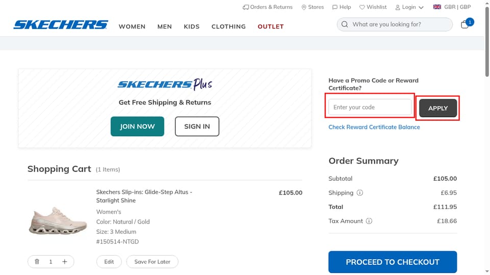 Skechers checkout page showing the Enter your code field and Apply button