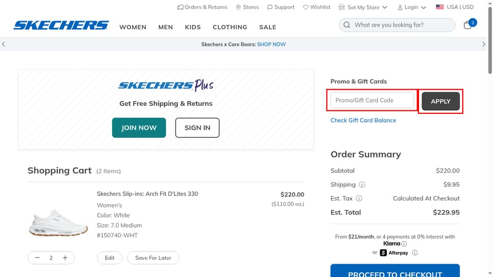 Skechers checkout page showing the Promo/Gift Card Code field and Apply button