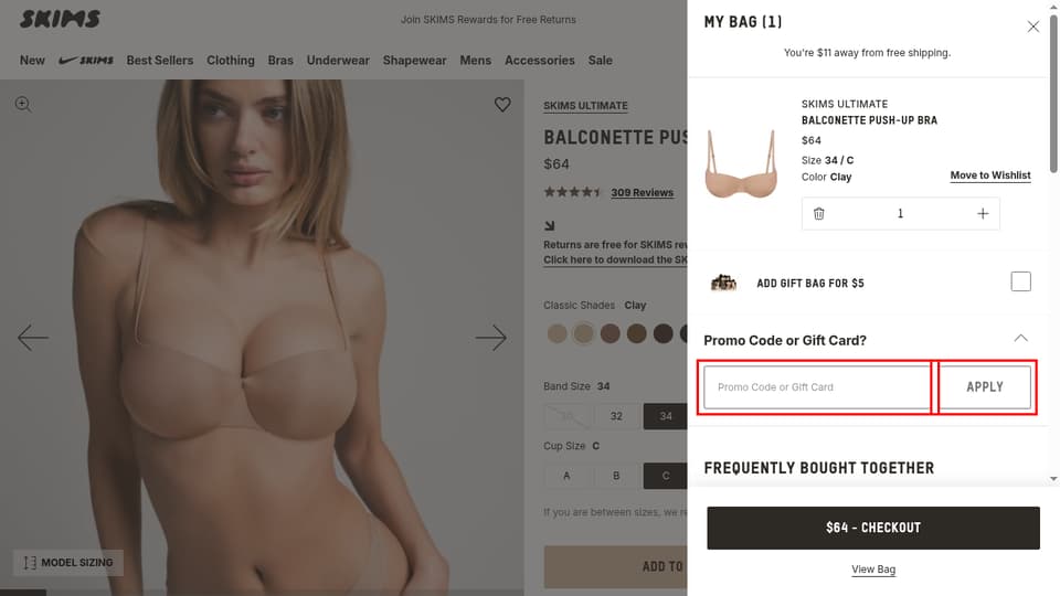 SKIMS checkout page showing the Promo Code or Gift Card field and APPLY button