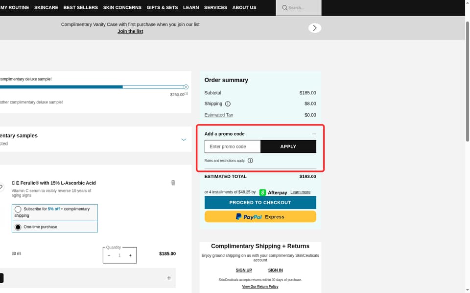 SkinCeuticals checkout page showing the Enter promo code field and Apply button