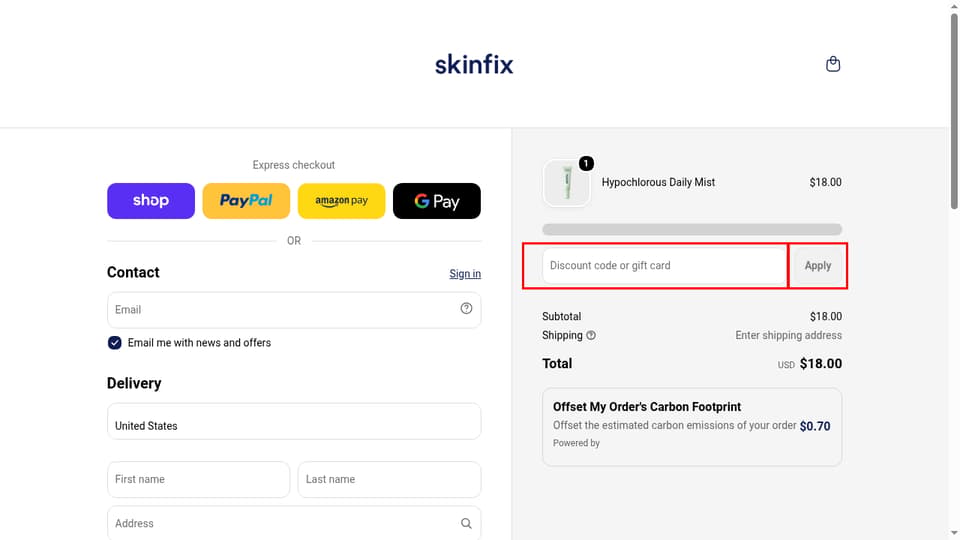 Skinfix checkout page showing the Discount code or gift card field and Apply button