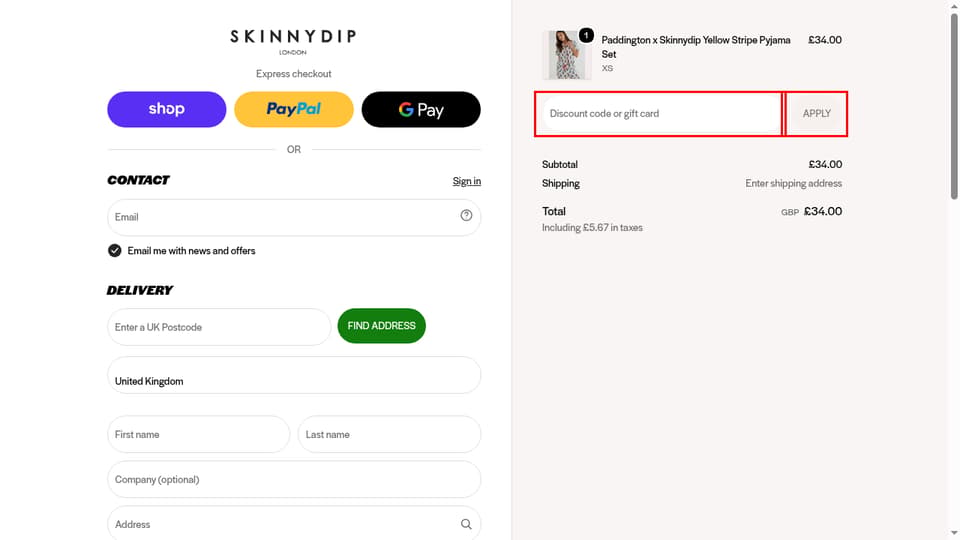 Skinnydip London checkout page showing the Discount code or gift card field and Apply button
