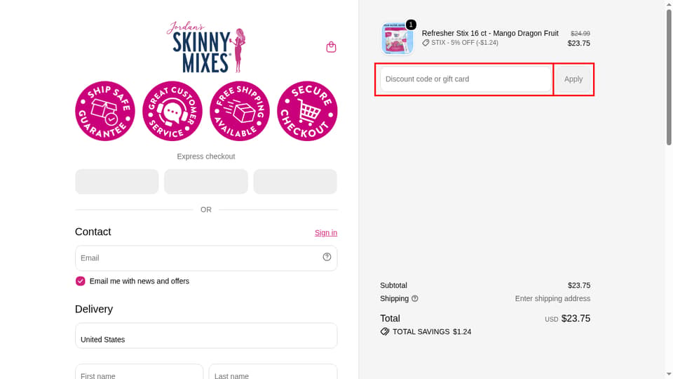 Jordan's Skinny Mixes checkout page showing the Discount code or gift card field and Apply button