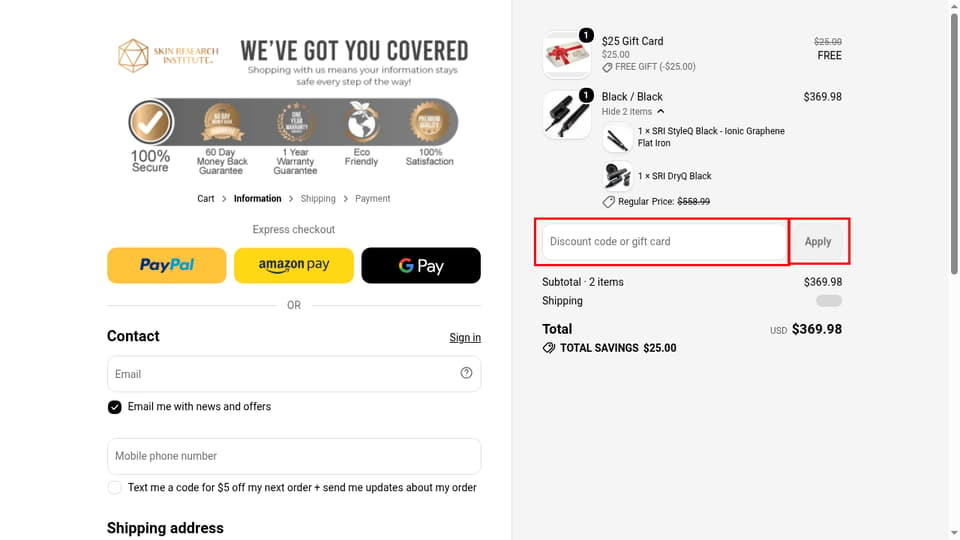 Skin Research Institute checkout page showing the Discount code or gift card field and Apply button
