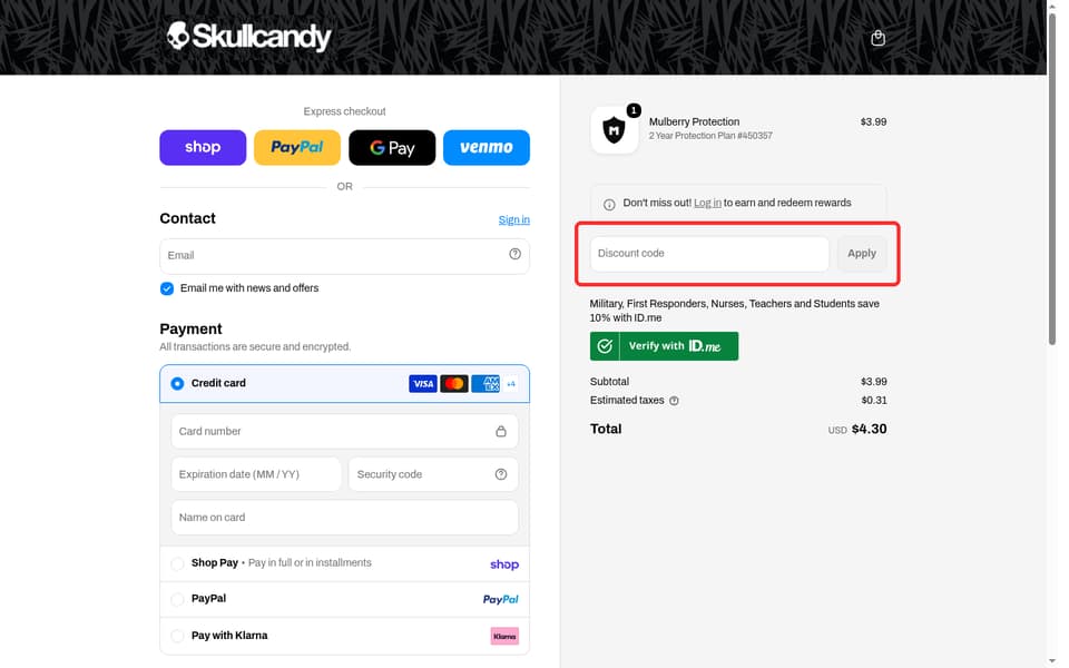 Skullcandy checkout page showing the Discount code field and Apply button