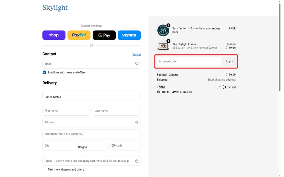 Skylight checkout page showing the Discount code field and Apply button
