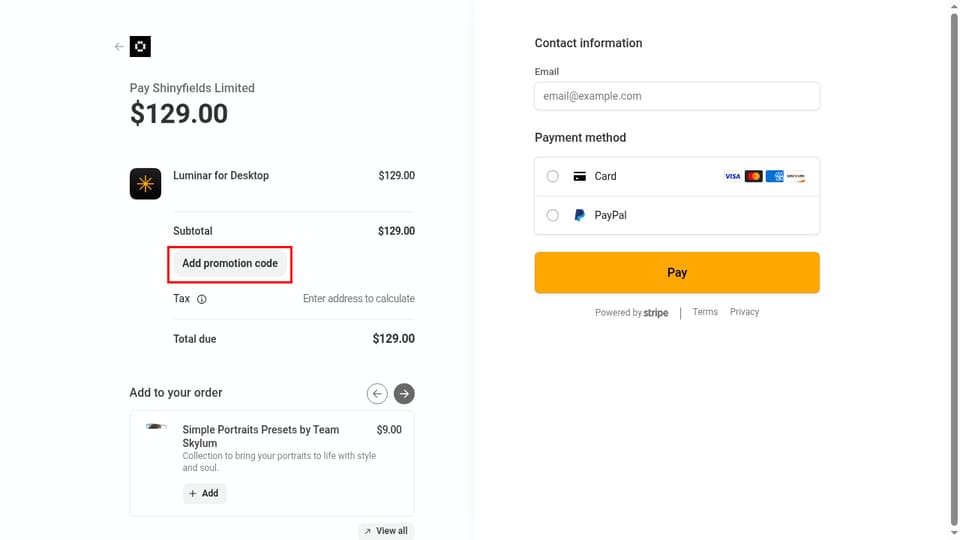 Skylum checkout page showing the Add promotion code field and Apply button