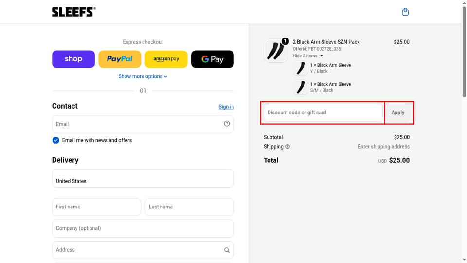 Sleefs checkout page showing the Discount code or gift card field and Apply button