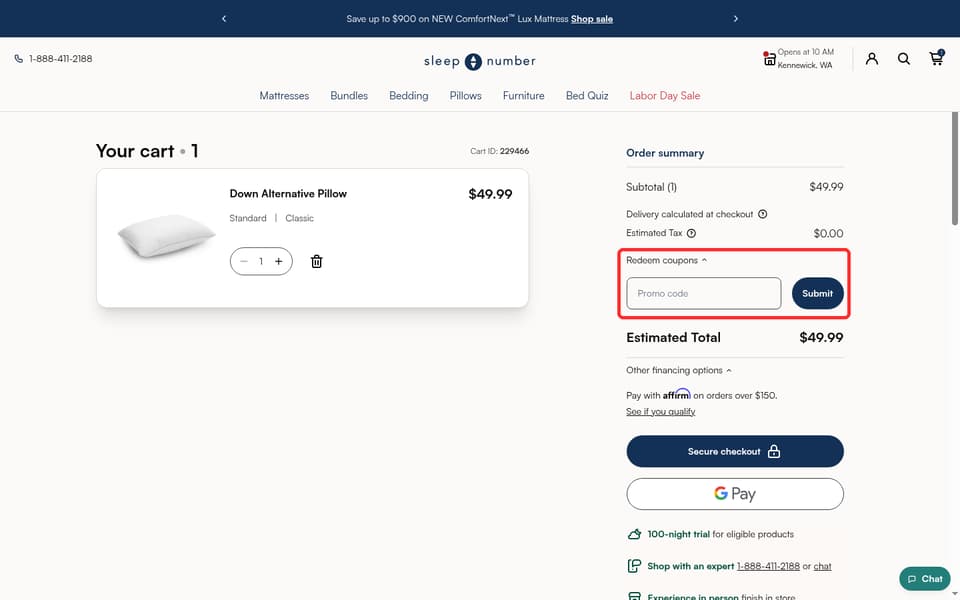 Sleep Number checkout page showing the Promo code field and Submit button
