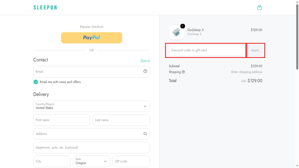 Sleepon checkout page showing the Discount code or gift card field and Apply button