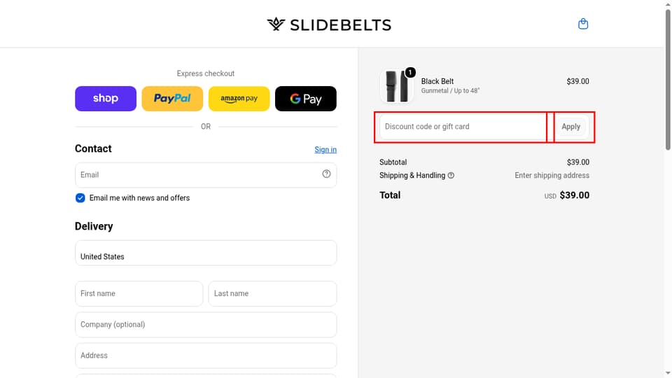 SlideBelts checkout page showing the Discount code or gift card field and Apply button