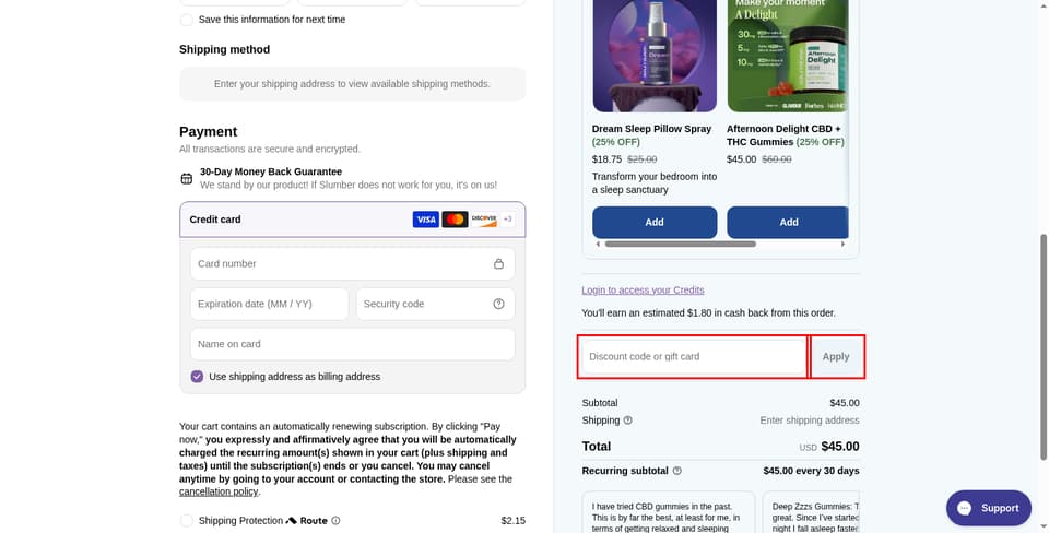 Slumber checkout page showing the 