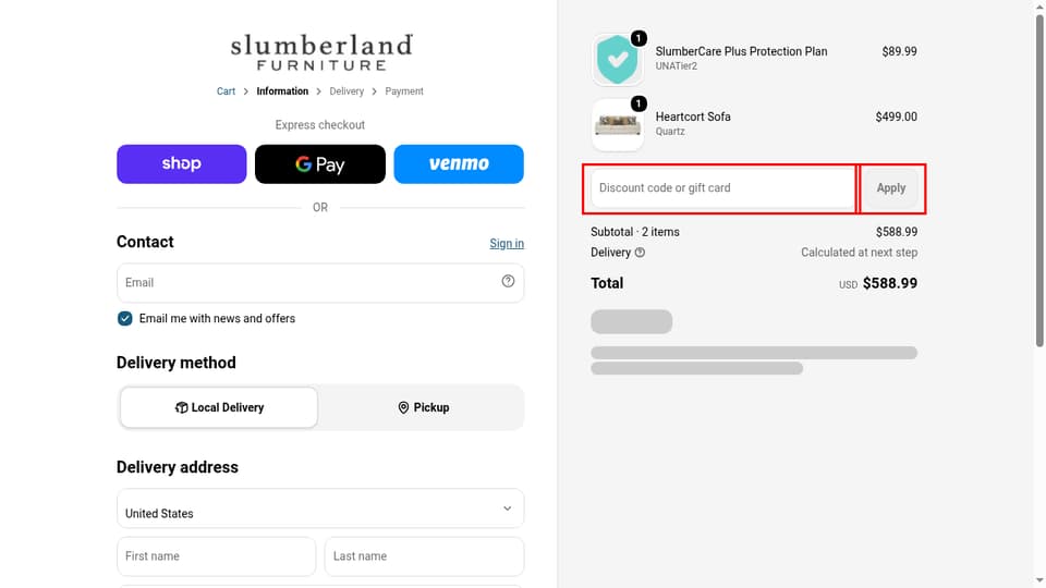 Slumberland Furniture checkout page showing the Discount code or gift card field and Apply button