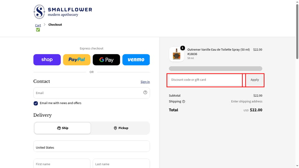 Smallflower checkout page showing the Discount code or gift card field and Apply button