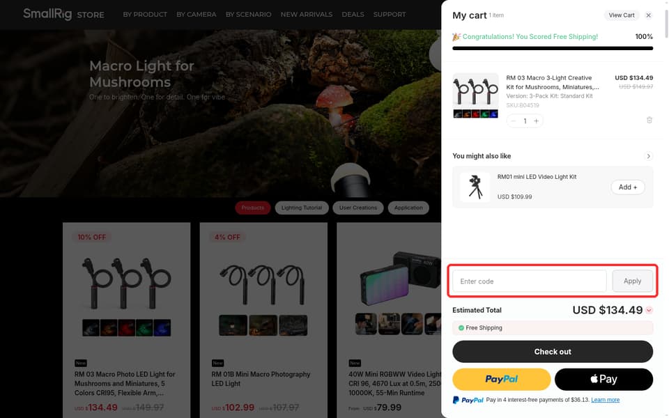 SmallRig checkout page showing the Enter code field and Apply button