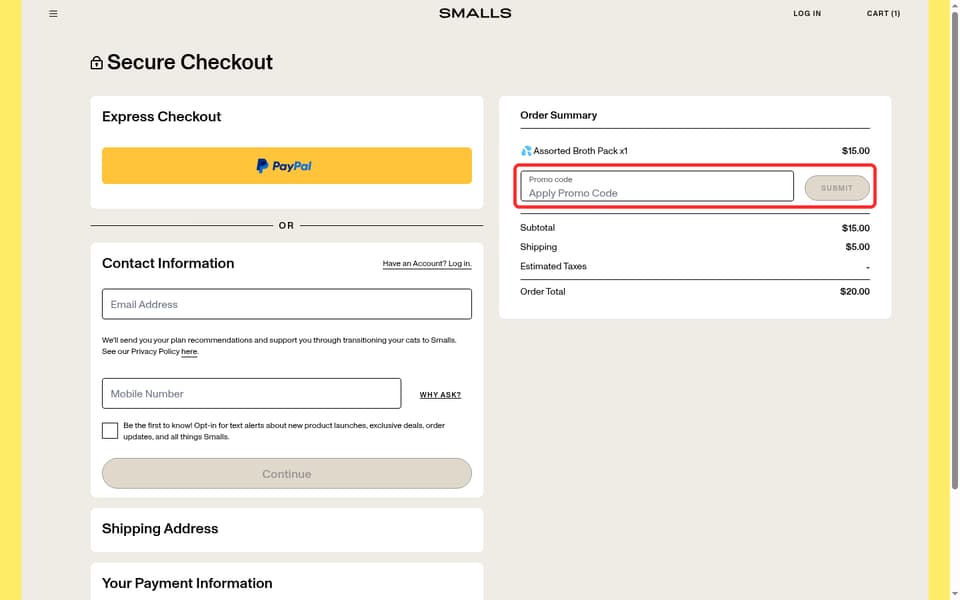 Smalls checkout page showing the Apply Promo Code field and Submit button