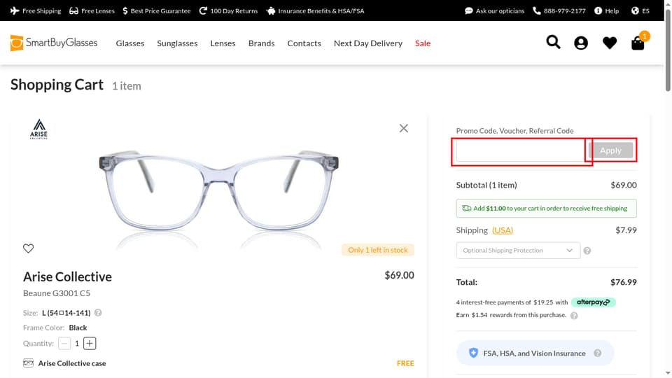 SmartBuyGlasses checkout page showing the Promo Code, Voucher, Referral Code field and Apply button