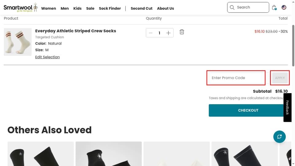 SmartWool checkout page showing the Enter Promo Code field and Apply button