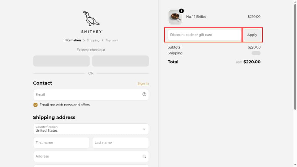 Smithey Ironware Company checkout page showing the Discount code or gift card field and Apply button