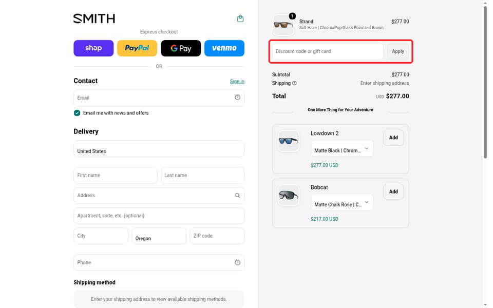 Smith Optics checkout page showing the Discount code or gift card field and Apply button