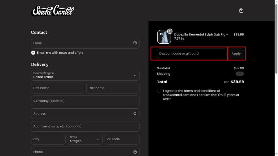 Smoke Cartel checkout page showing the Discount code or gift card field and Apply button