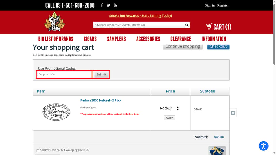 Smoke Inn Cigars checkout page showing the Coupon code field and Submit button
