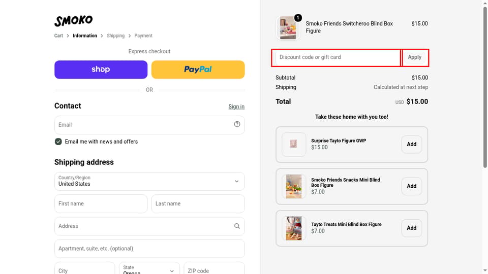 Smoko checkout page showing the Discount code or gift card field and Apply button